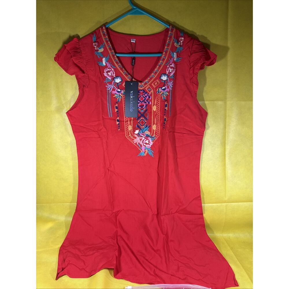 Mexican Dress Vintage Oaxacan Hand Embroidered Floral Red Size Large ZZ